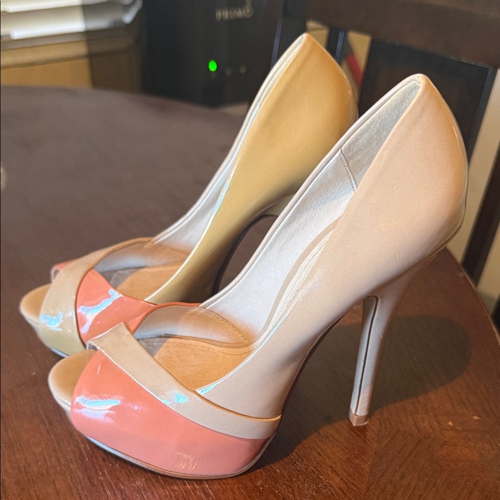 Aldo Beige and Coral Patent Peep-Toe Stilettos - Picture 6 of 7